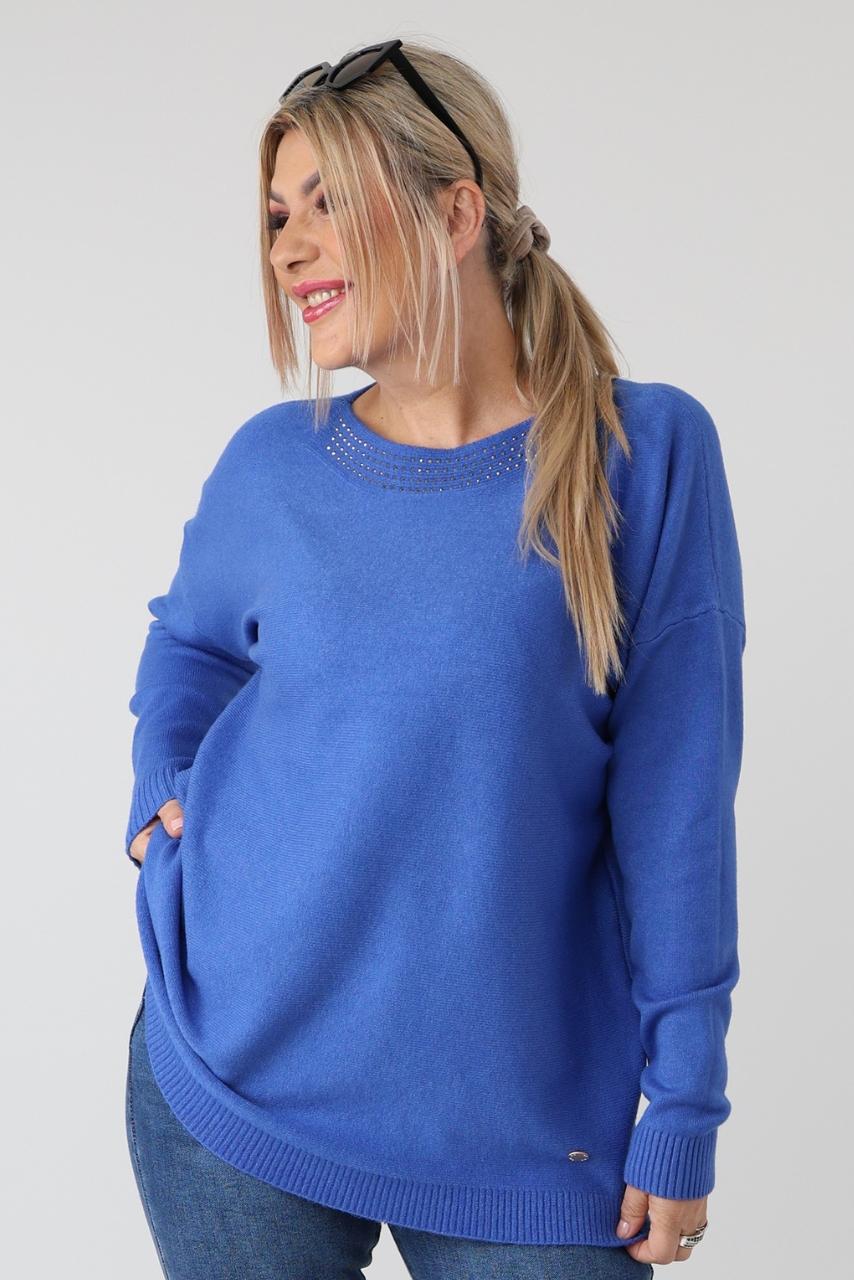 elegancki sweter damski plus size z dżetami na dekolcie – sweter XXL dla puszystych kobiet