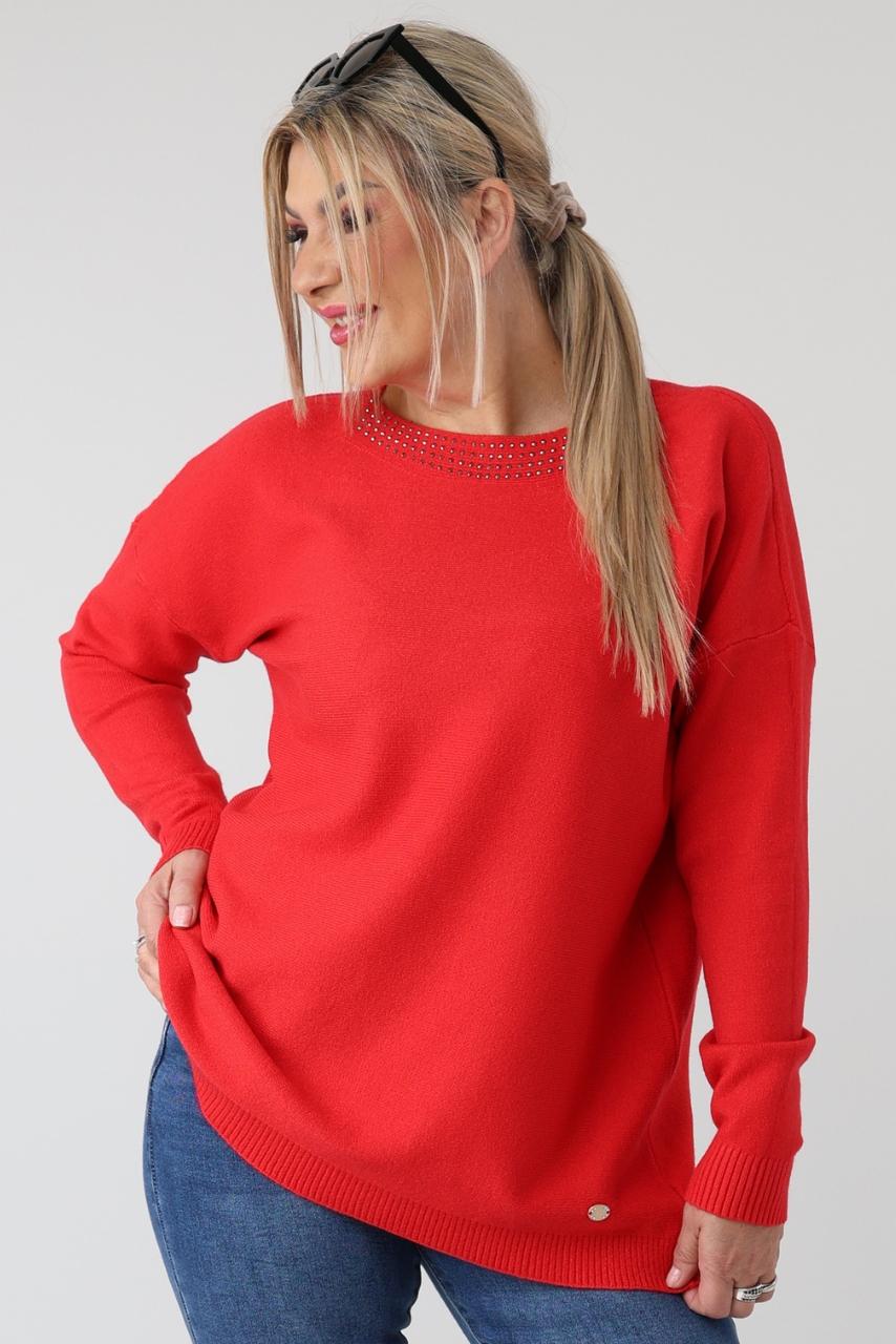 elegancki sweter damski plus size z dżetami na dekolcie – sweter XXL dla puszystych kobiet