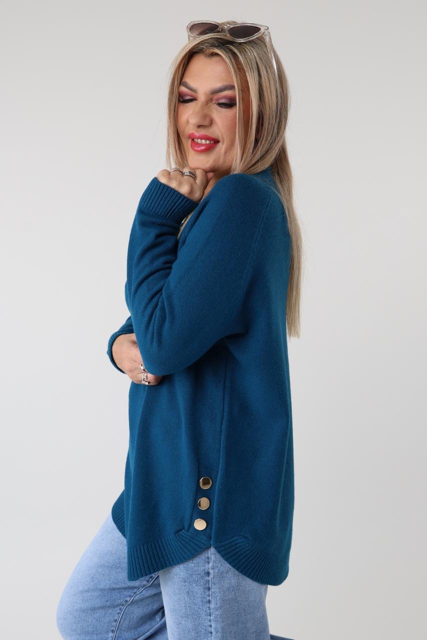 Sweter damski elegancki plus size z ozdobnymi guzikami na bokach morski 44-50