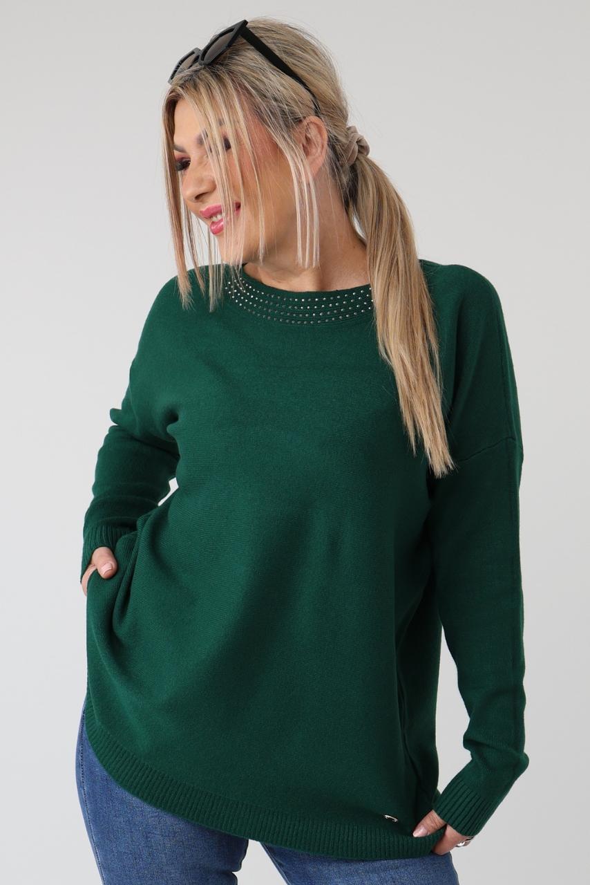 elegancki sweter damski plus size z dżetami na dekolcie – sweter XXL dla puszystych kobiet