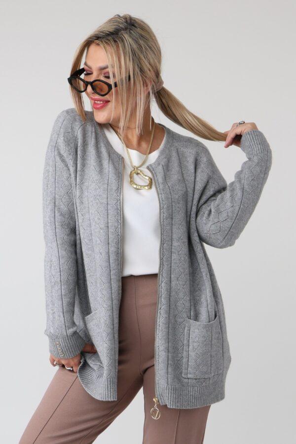 Elegancki rozpinany sweter damski plus size w geometryczny wzór – kardigan XXL dla puszystych kobiet