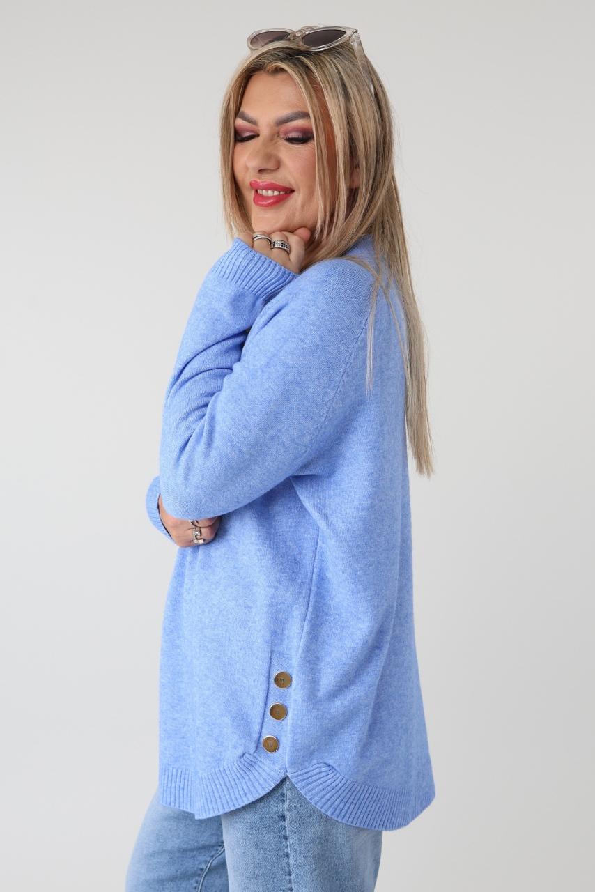 Sweter damski elegancki plus size z ozdobnymi guzikami na bokach błękitny 44-50