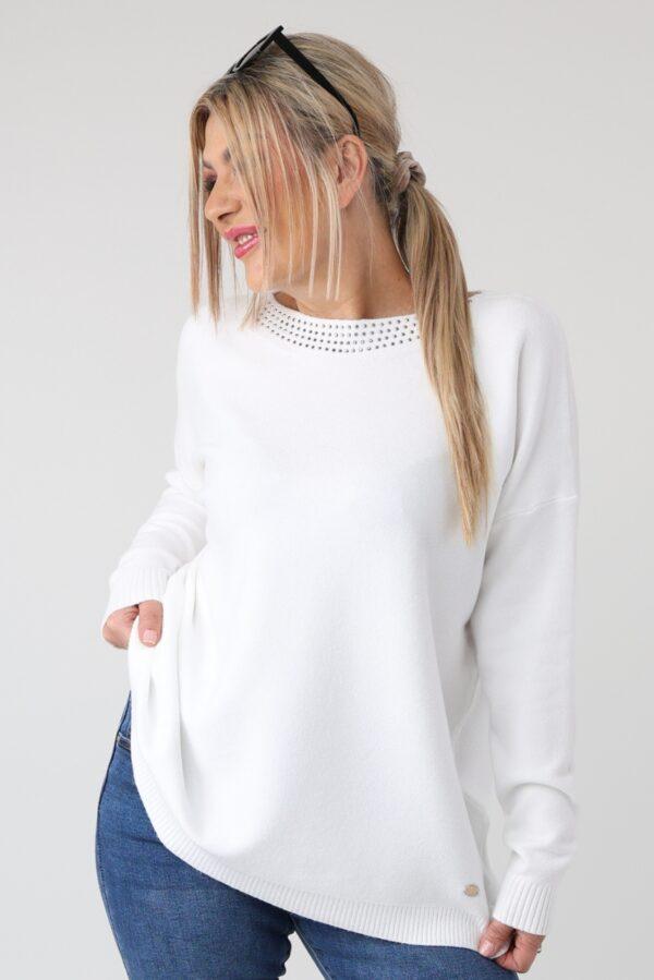 elegancki sweter damski plus size z dżetami na dekolcie – sweter XXL dla puszystych kobiet