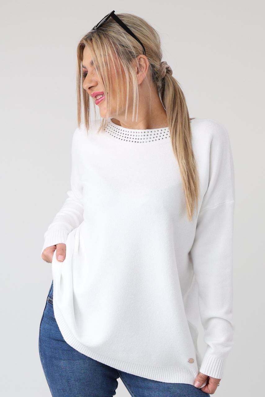 elegancki sweter damski plus size z dżetami na dekolcie – sweter XXL dla puszystych kobiet