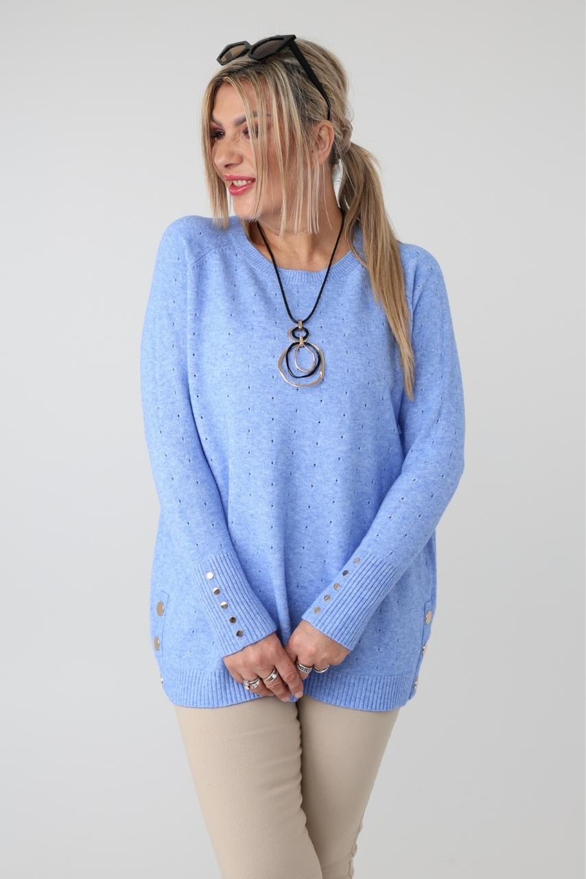 Elegancki ażurowy sweter damski plus size z ozdobnymi guzikami – sweter XXL dla puszystych kobiet