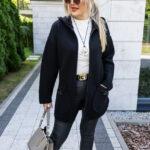 Sweter damski kardigan plus size na zamek z kapturem czarny 44-50