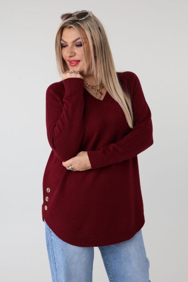 Elegancki sweter damski plus size z dekoltem w serek i ozdobnymi guzikami po bokach – luźny sweter XXL dla puszystych kobiet