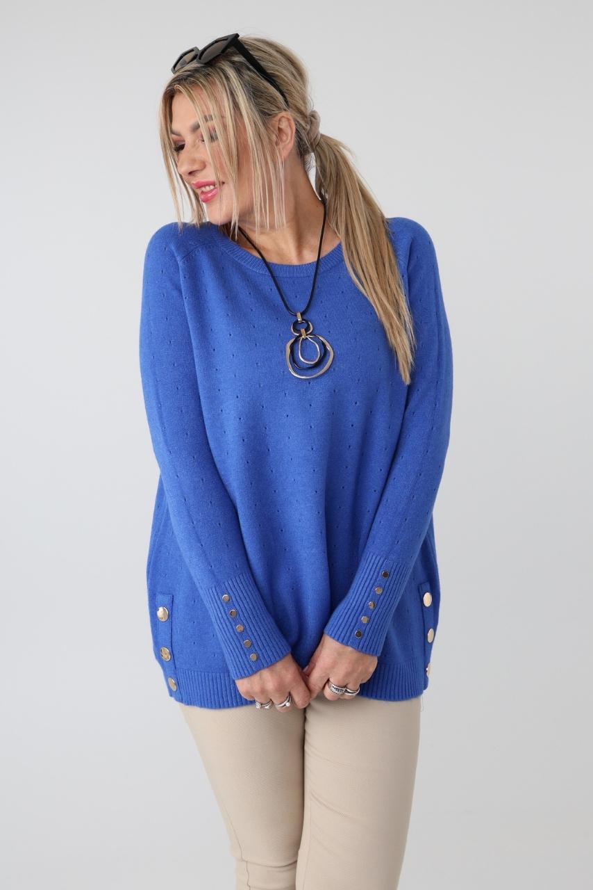 Elegancki ażurowy sweter damski plus size z ozdobnymi guzikami – sweter XXL dla puszystych kobiet