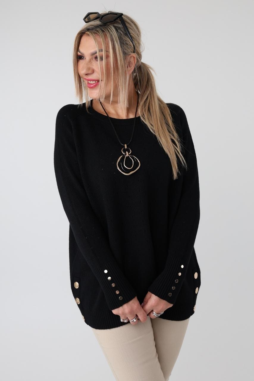 Elegancki ażurowy sweter damski plus size z ozdobnymi guzikami – sweter XXL dla puszystych kobiet
