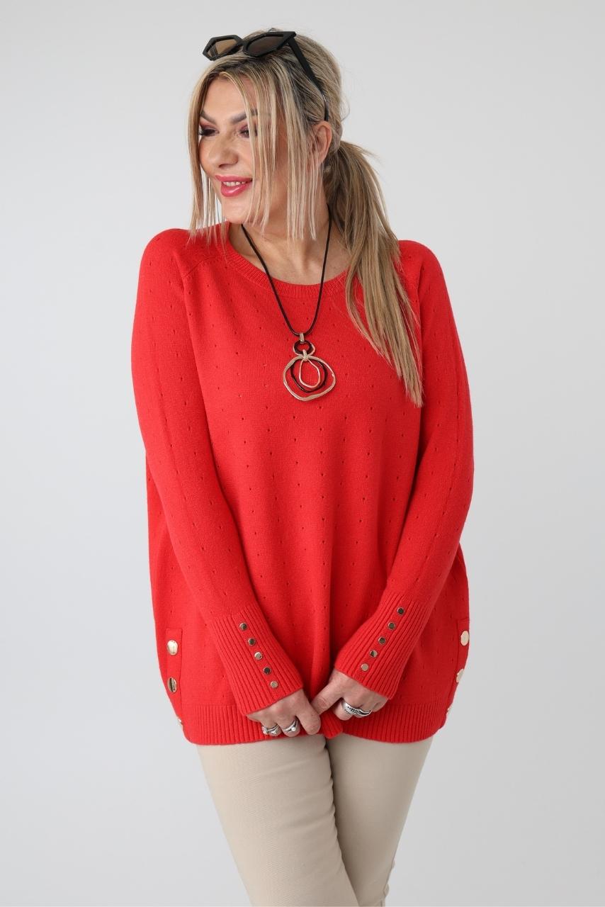 Elegancki ażurowy sweter damski plus size z ozdobnymi guzikami – sweter XXL dla puszystych kobiet