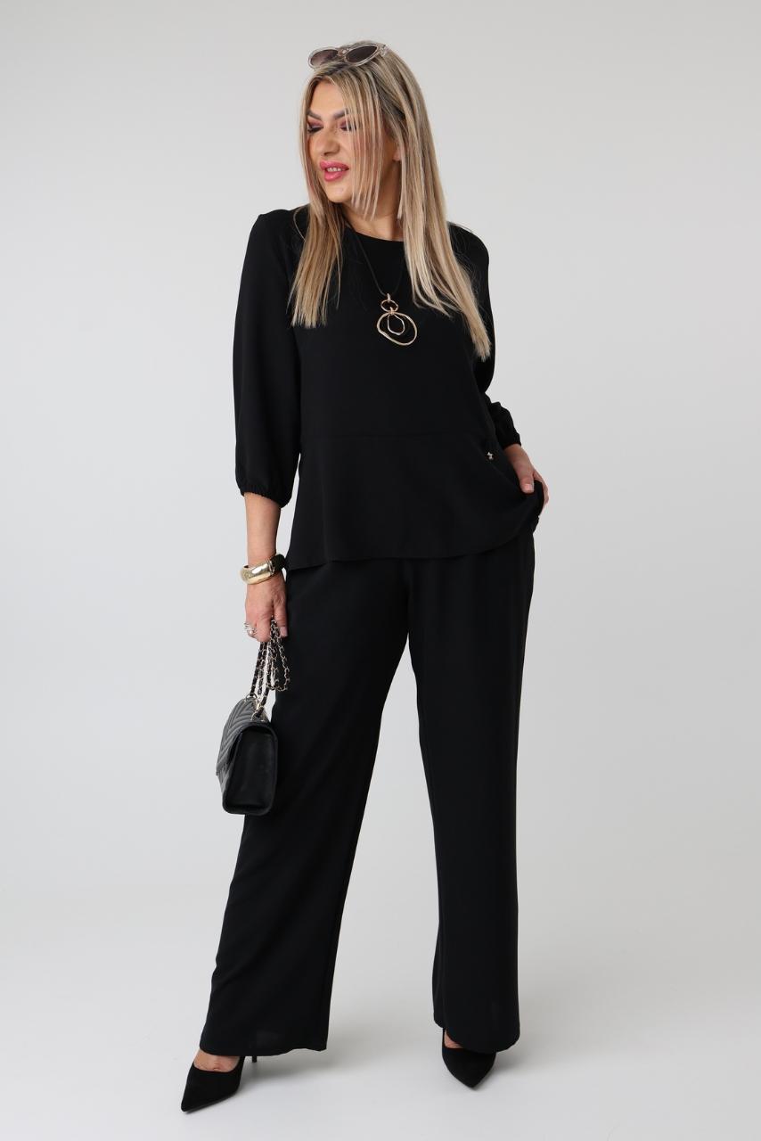 Elegancki komplet damski plus size z baskinką i spodniami – wizytowy zestaw XXL dla puszystych kobiet