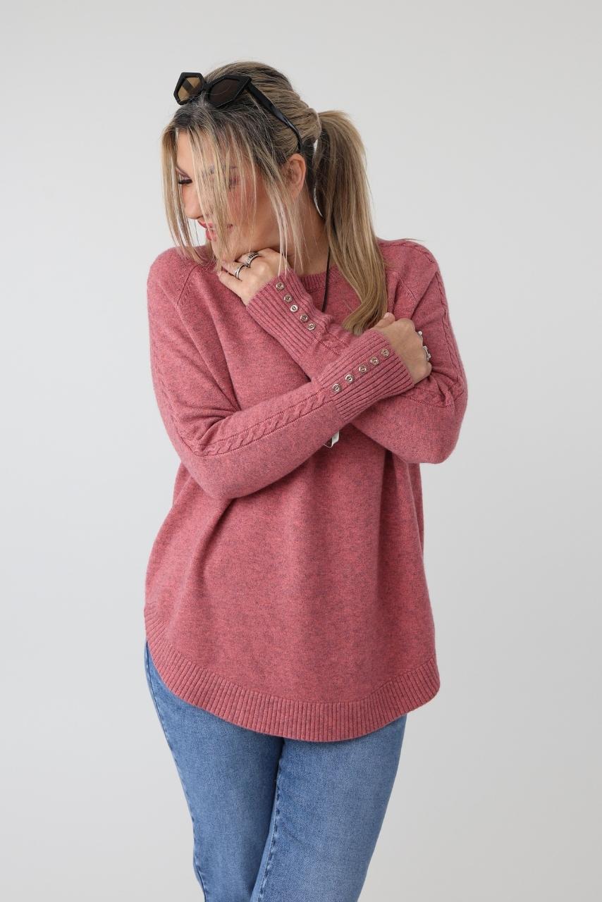 Elegancki sweter damski plus size z ozdobnym splotem i guzikami – luźny sweter XXL dla puszystych kobiet