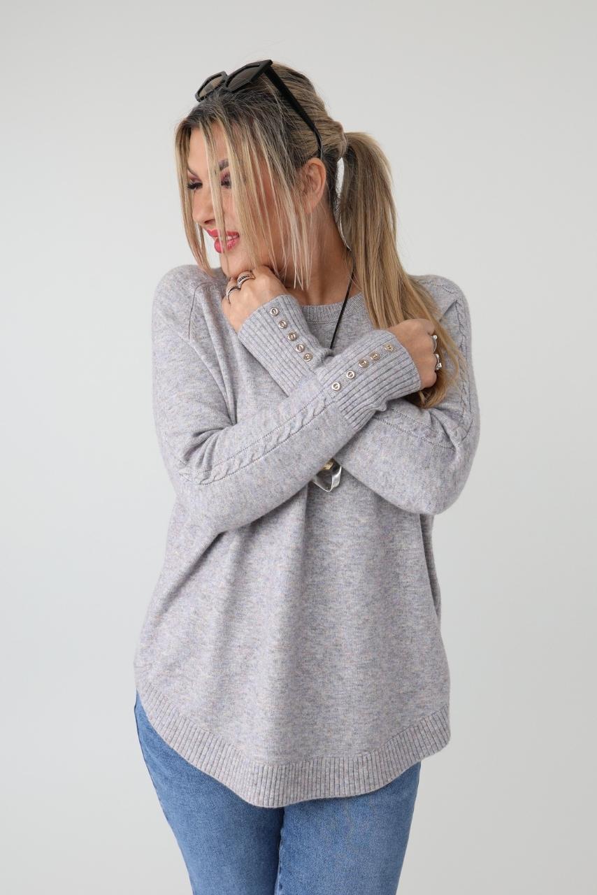 Elegancki sweter damski plus size z ozdobnym splotem i guzikami – luźny sweter XXL dla puszystych kobiet
