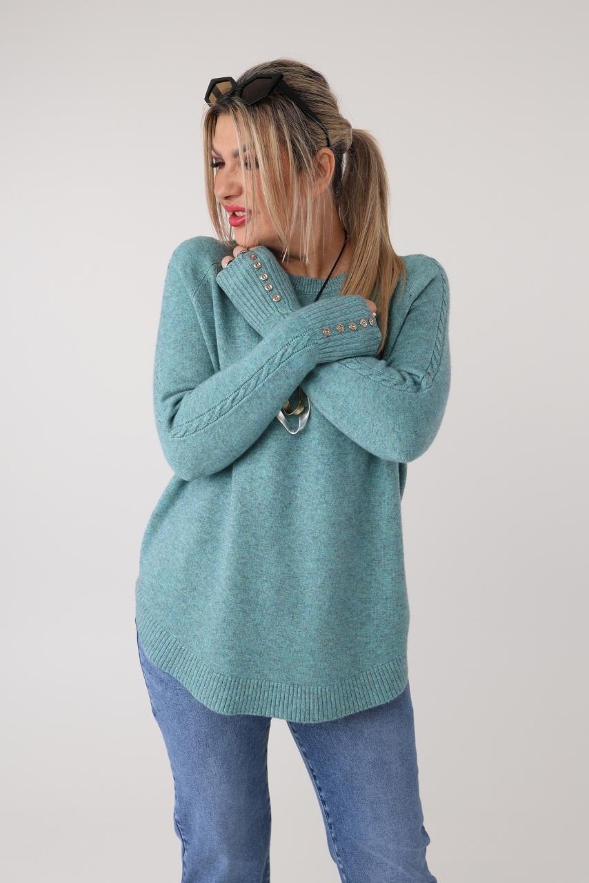 Elegancki sweter damski plus size z ozdobnym splotem i guzikami – luźny sweter XXL dla puszystych kobiet