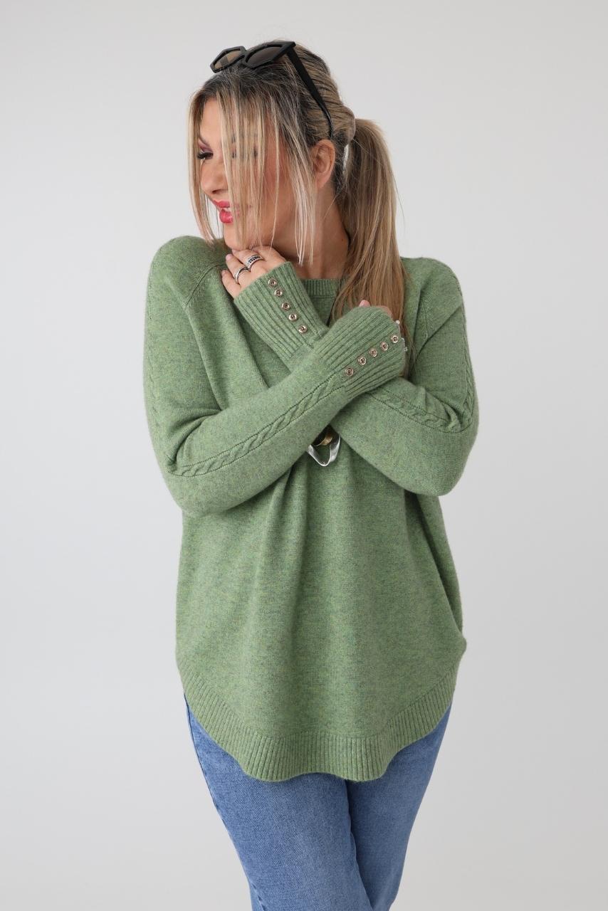 Elegancki sweter damski plus size z ozdobnym splotem i guzikami – luźny sweter XXL dla puszystych kobiet