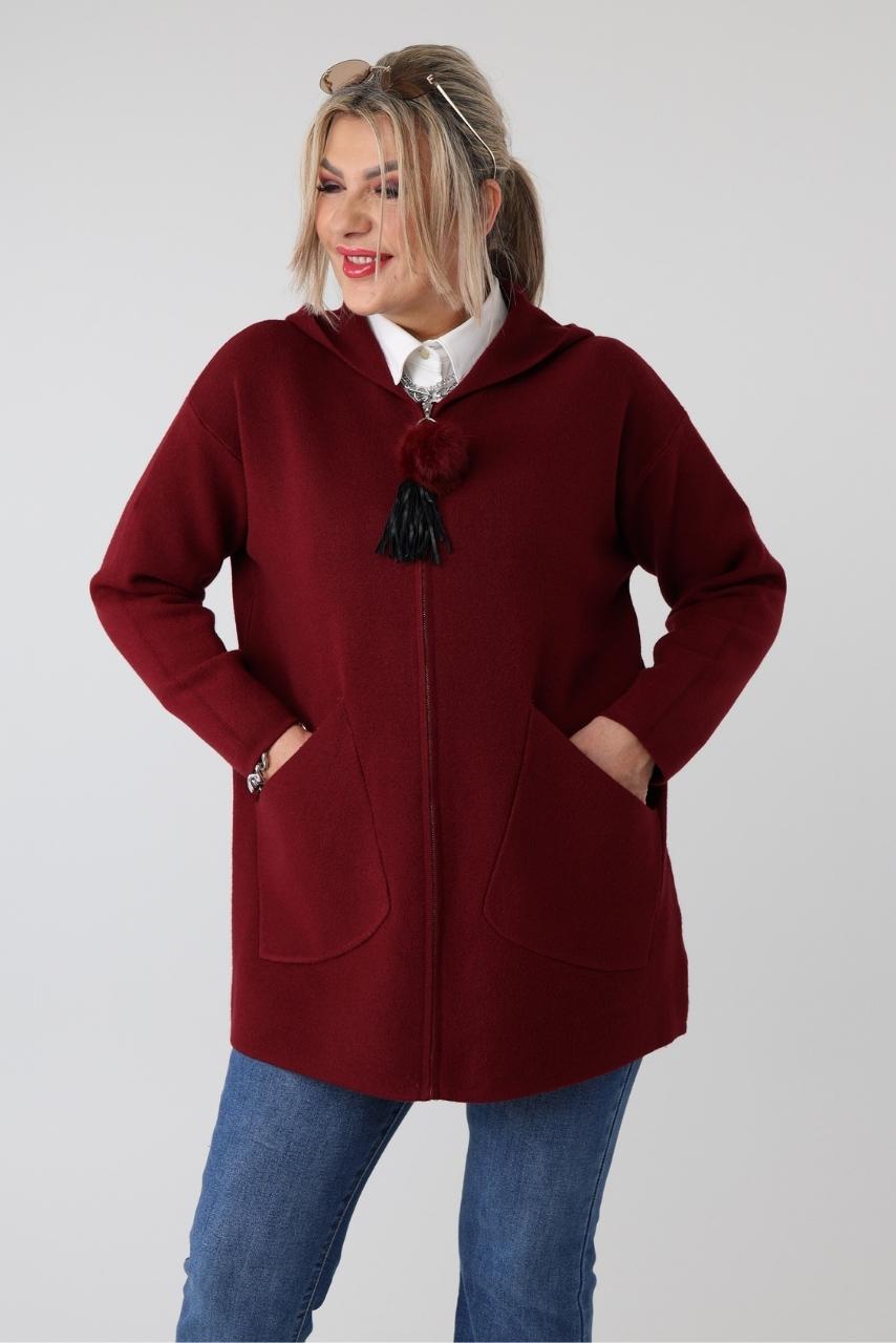 Elegancki kardigan damski plus size na zamek z kapturem i ozdobnym pomponem – luźny sweter XXL dla puszystych kobiet