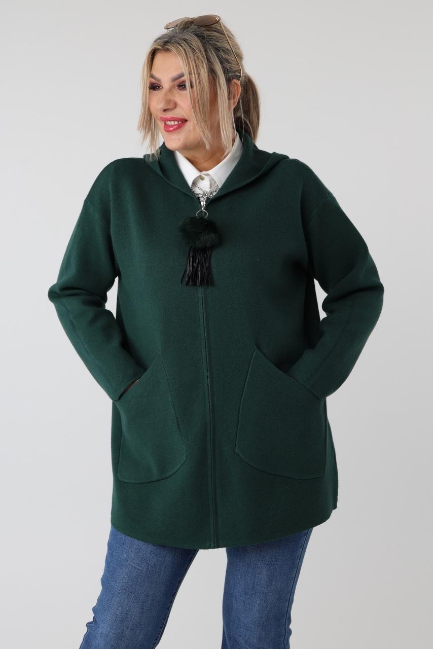 Elegancki kardigan damski plus size na zamek z kapturem i ozdobnym pomponem – luźny sweter XXL dla puszystych kobiet