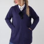 Elegancki kardigan damski plus size na zamek z kapturem i ozdobnym pomponem – luźny sweter XXL dla puszystych kobiet