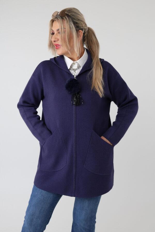 Elegancki kardigan damski plus size na zamek z kapturem i ozdobnym pomponem – luźny sweter XXL dla puszystych kobiet