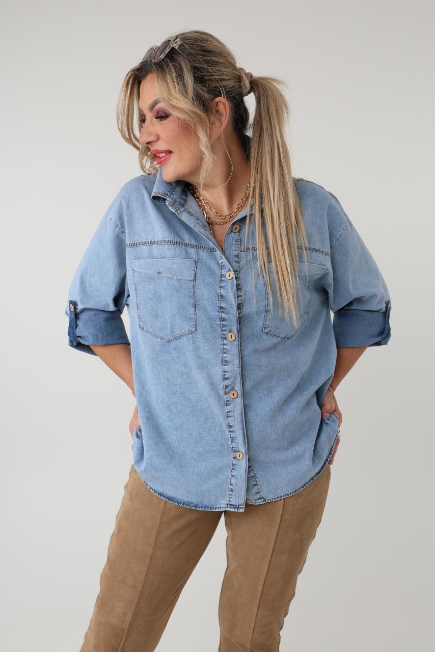 Bawełniana koszula damska plus size z kieszeniami – elegancka koszula jeansowa XXL dla puszystych kobiet