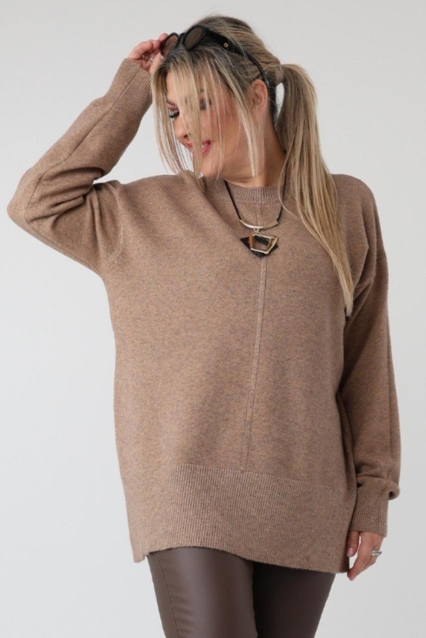 Damski elegancki sweter plus size z ozdobnym przeszyciem – luźny sweter XXL dla puszystych kobiet w dużych rozmiarach