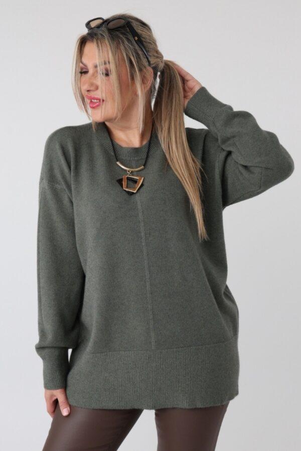 Damski elegancki sweter plus size z ozdobnym przeszyciem – luźny sweter XXL dla puszystych kobiet w dużych rozmiarach