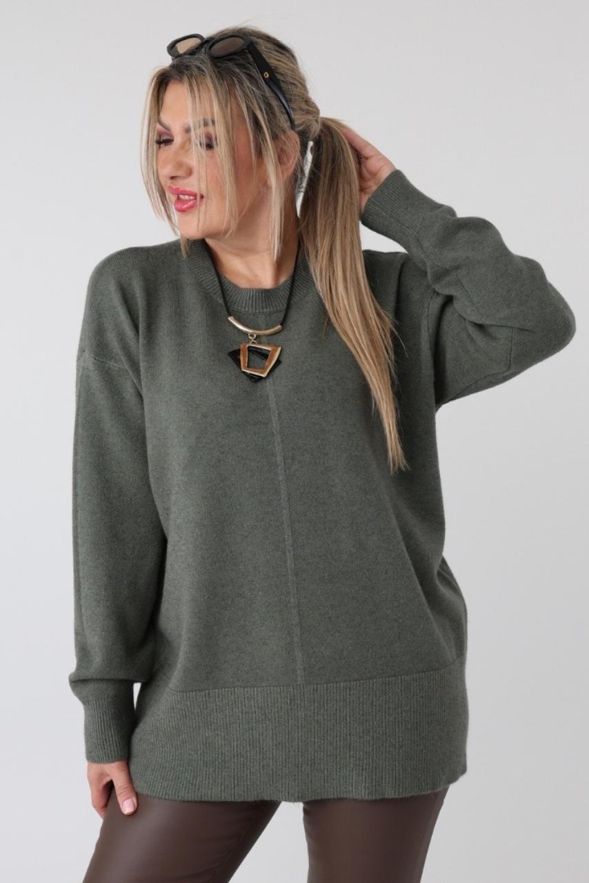 Damski elegancki sweter plus size z ozdobnym przeszyciem – luźny sweter XXL dla puszystych kobiet w dużych rozmiarach