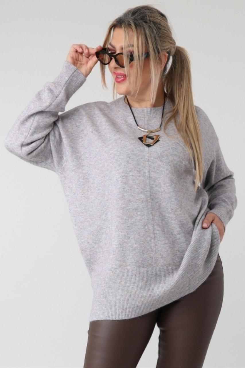 Damski elegancki sweter plus size z ozdobnym przeszyciem – luźny sweter XXL dla puszystych kobiet w dużych rozmiarach