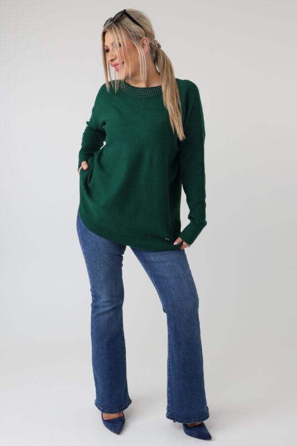 elegancki sweter damski plus size z dżetami na dekolcie – sweter XXL dla puszystych kobiet