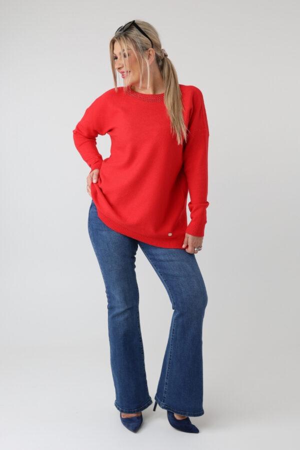 elegancki sweter damski plus size z dżetami na dekolcie – sweter XXL dla puszystych kobiet