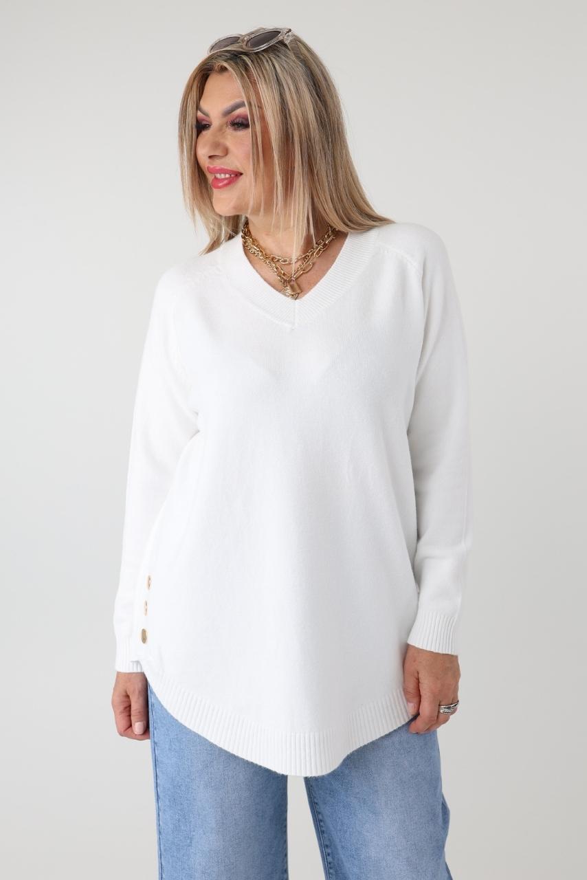 Elegancki sweter damski plus size z dekoltem w serek i ozdobnymi guzikami po bokach – luźny sweter XXL dla puszystych kobiet