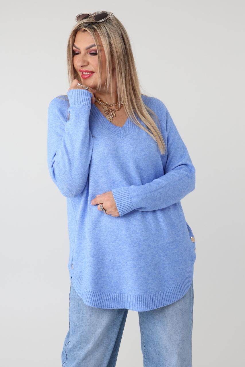 Elegancki sweter damski plus size z dekoltem w serek i ozdobnymi guzikami po bokach – luźny sweter XXL dla puszystych kobiet