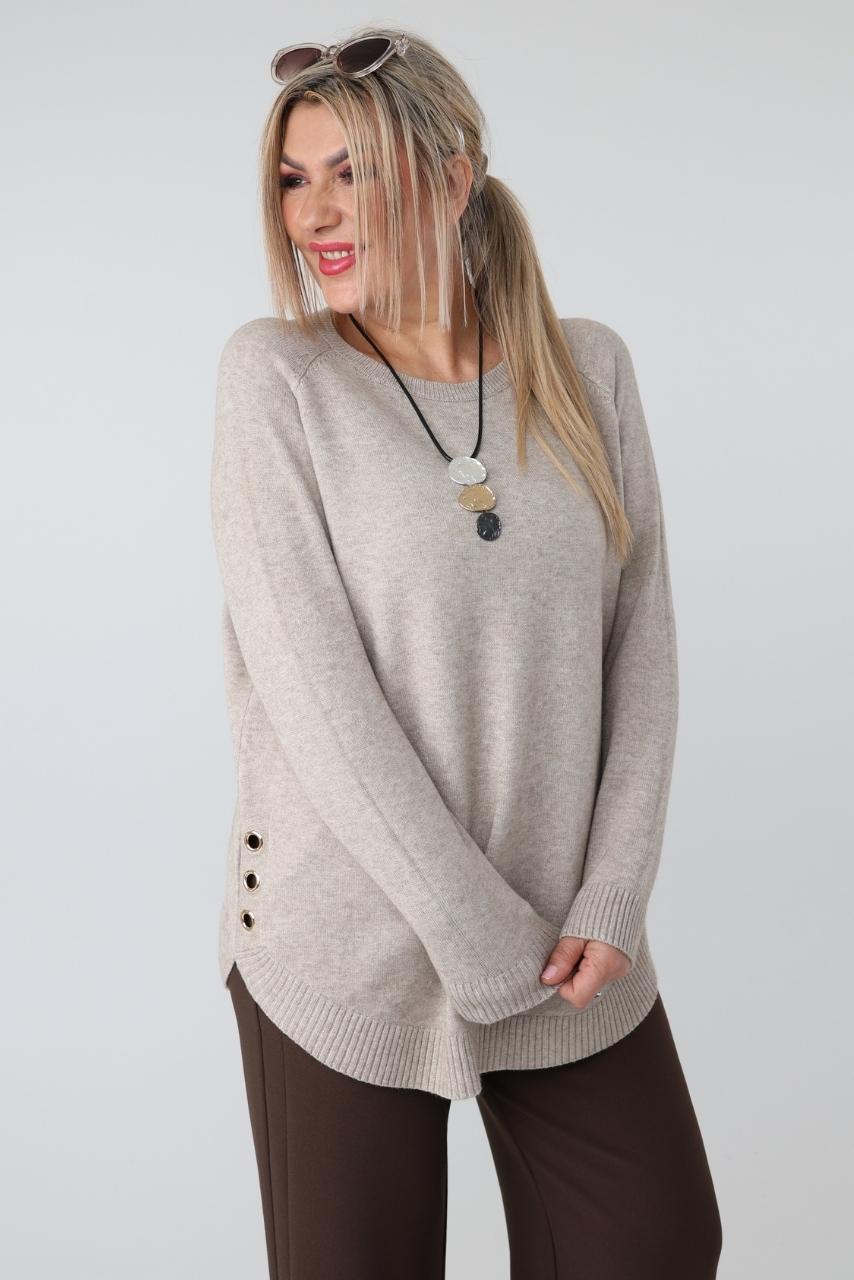 Elegancki sweter damski plus size ze zdobieniem na bokach i okrągłym dekoltem – luźny sweter XXL dla puszystych kobiet
