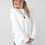 Elegancki sweter damski plus size ze zdobieniem na bokach i okrągłym dekoltem – luźny sweter XXL dla puszystych kobiet