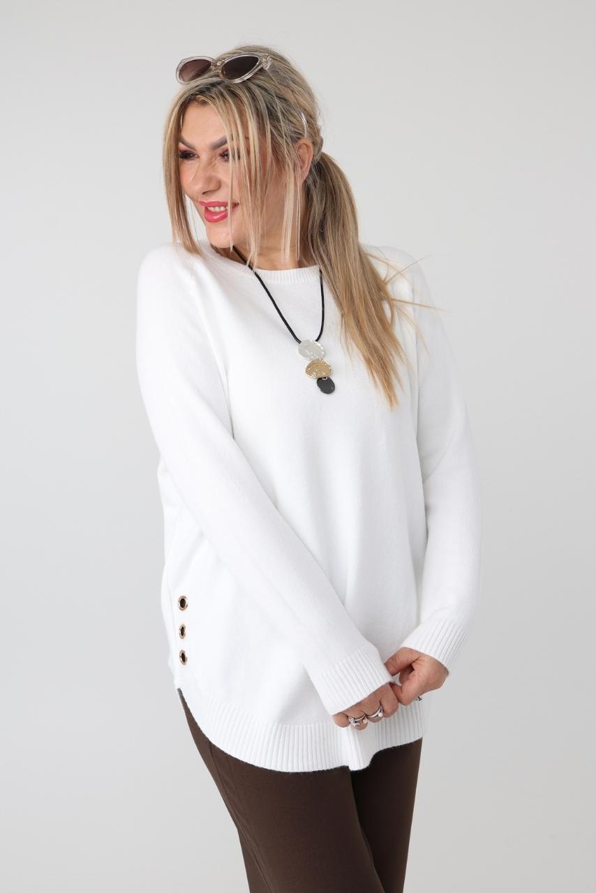 Elegancki sweter damski plus size ze zdobieniem na bokach i okrągłym dekoltem – luźny sweter XXL dla puszystych kobiet