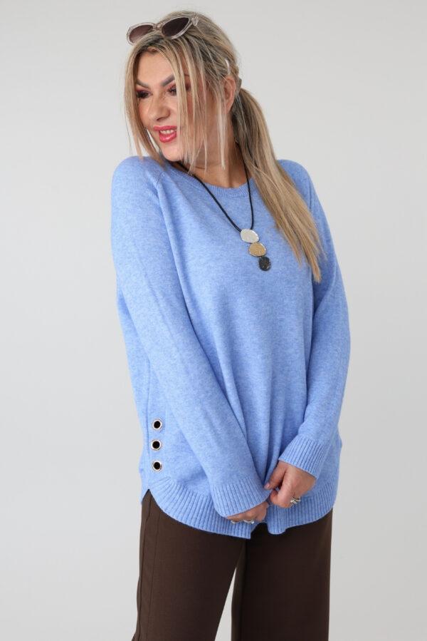 Elegancki sweter damski plus size ze zdobieniem na bokach i okrągłym dekoltem – luźny sweter XXL dla puszystych kobiet