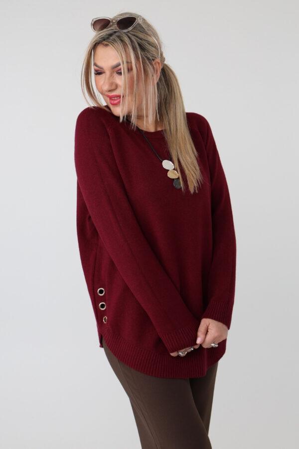 Elegancki sweter damski plus size ze zdobieniem na bokach i okrągłym dekoltem – luźny sweter XXL dla puszystych kobiet