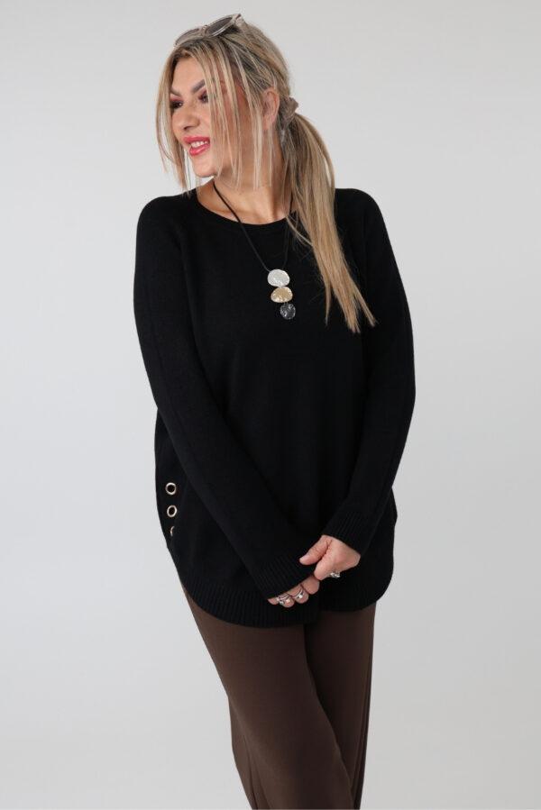 Elegancki sweter damski plus size ze zdobieniem na bokach i okrągłym dekoltem – luźny sweter XXL dla puszystych kobiet