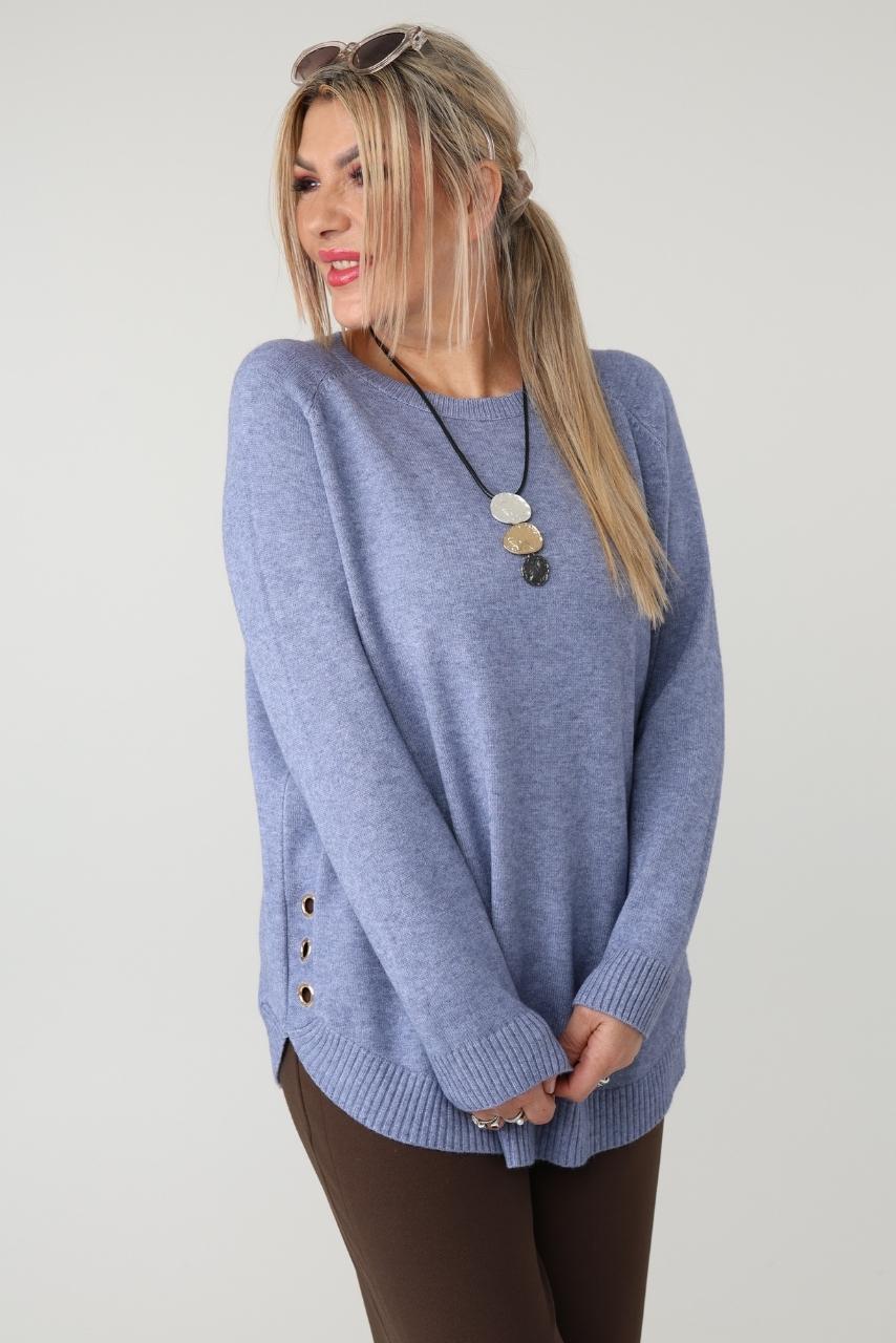 Elegancki sweter damski plus size ze zdobieniem na bokach i okrągłym dekoltem – luźny sweter XXL dla puszystych kobiet