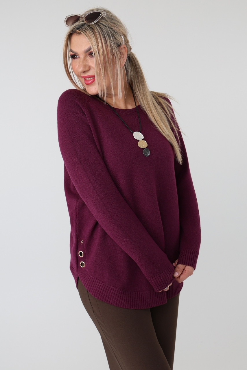Elegancki sweter damski plus size ze zdobieniem na bokach i okrągłym dekoltem – luźny sweter XXL dla puszystych kobiet