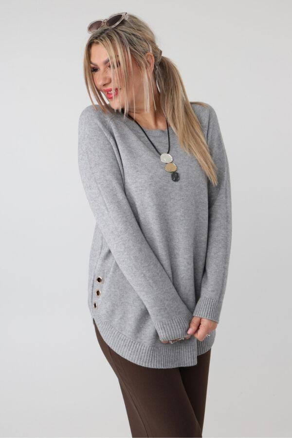Elegancki sweter damski plus size ze zdobieniem na bokach i okrągłym dekoltem – luźny sweter XXL dla puszystych kobiet