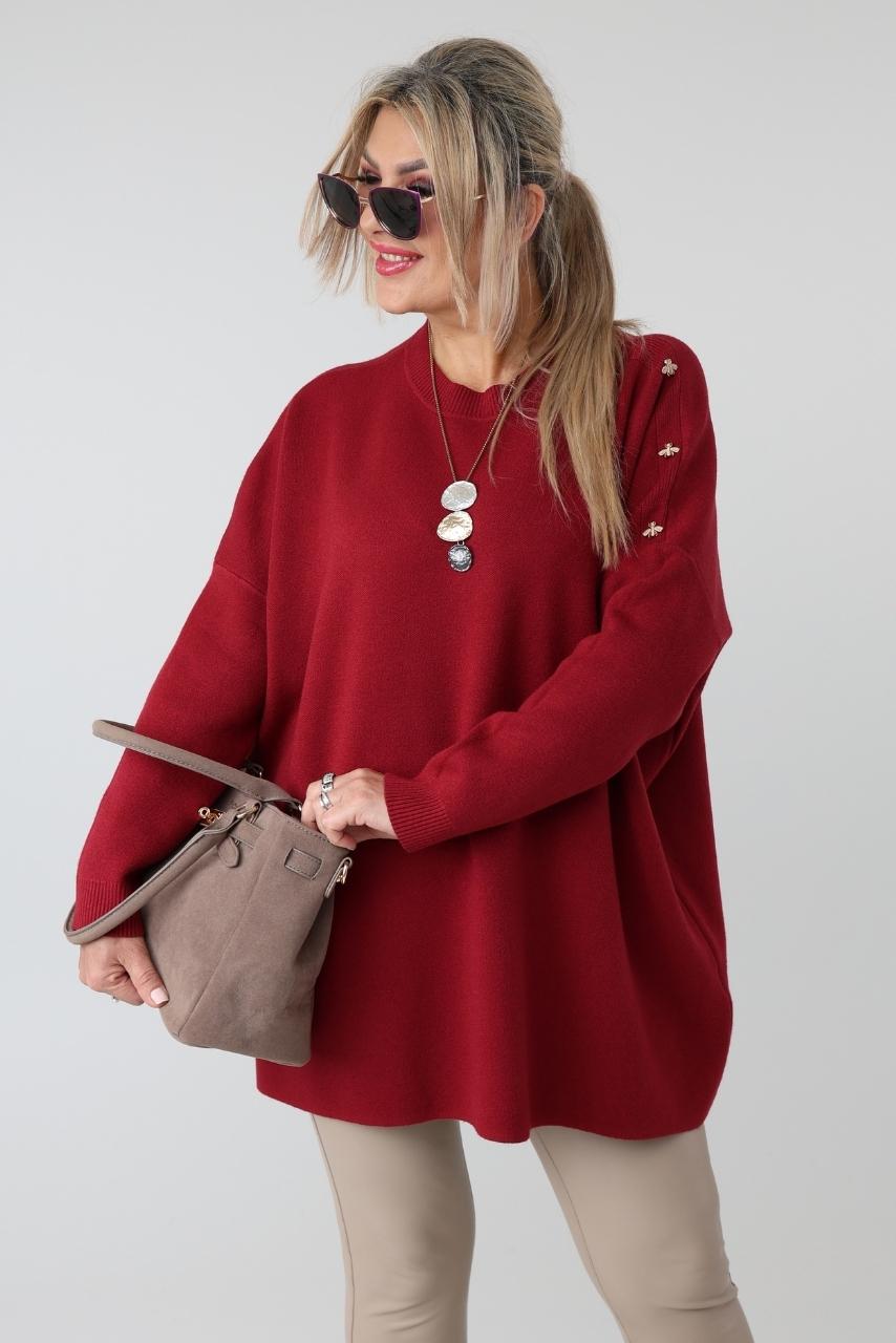 Elegancki sweter damski oversize plus size z ozdobnymi aplikacjami pszczół na ramieniu – luźny sweter XXL dla puszystych kobiet