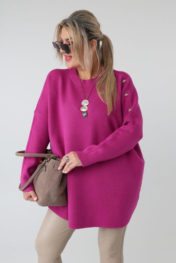 Elegancki sweter damski oversize plus size z ozdobnymi aplikacjami pszczół na ramieniu – luźny sweter XXL dla puszystych kobiet