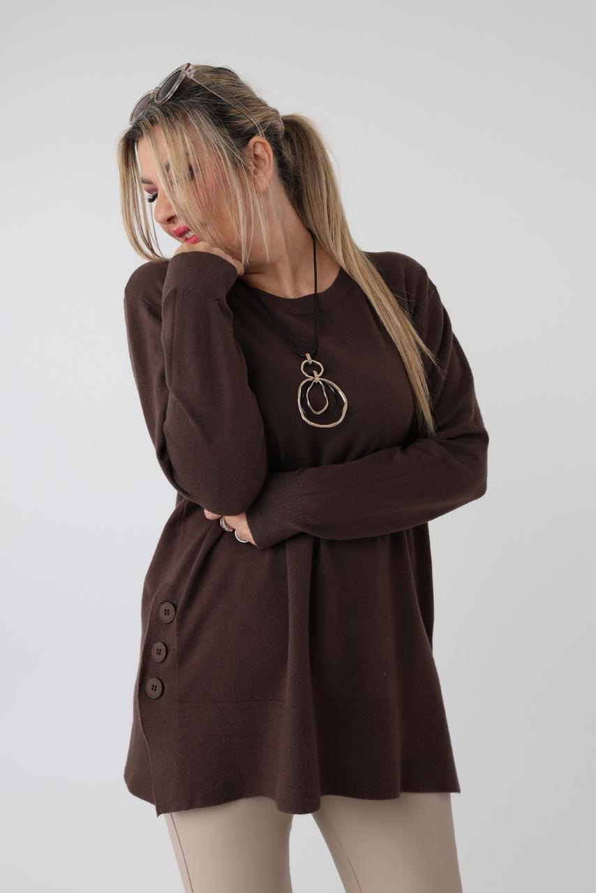 Sweter damski plus size z rozcięciami na guziki – luźny sweter XXL dla puszystych kobiet w dużych rozmiarach