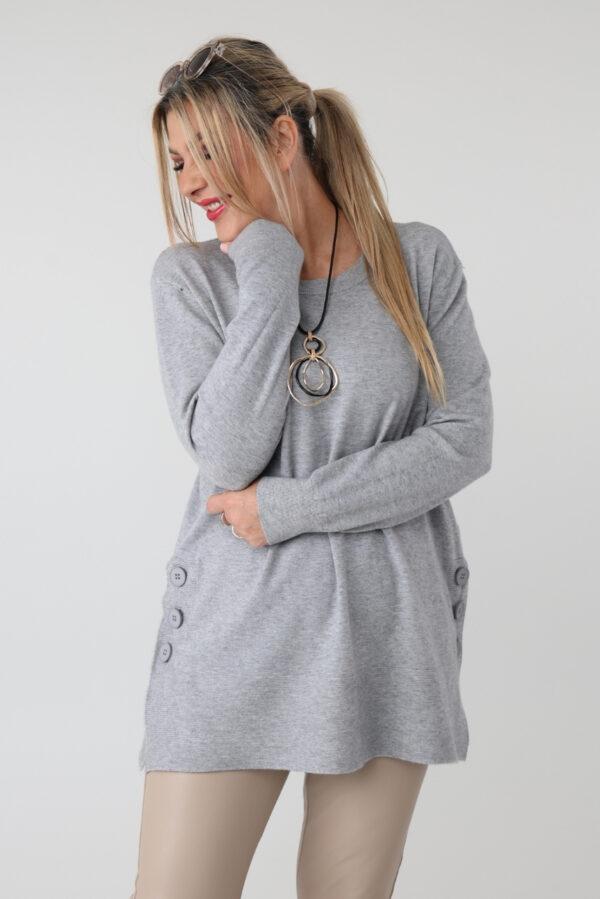Sweter damski plus size z rozcięciami na guziki – luźny sweter XXL dla puszystych kobiet w dużych rozmiarach