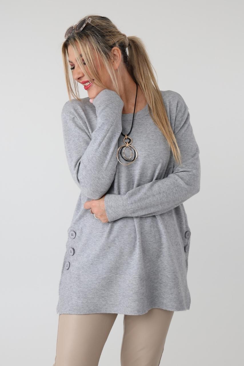 Sweter damski plus size z rozcięciami na guziki – luźny sweter XXL dla puszystych kobiet w dużych rozmiarach