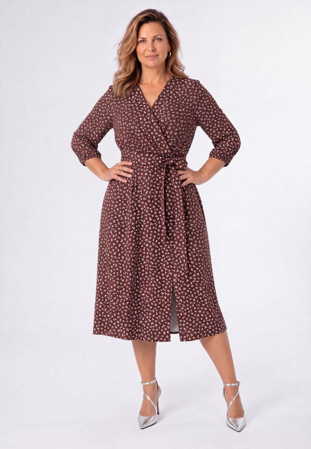 Sukienka w kwiaty plus size midi z gumą w pasie brązowa 44-52