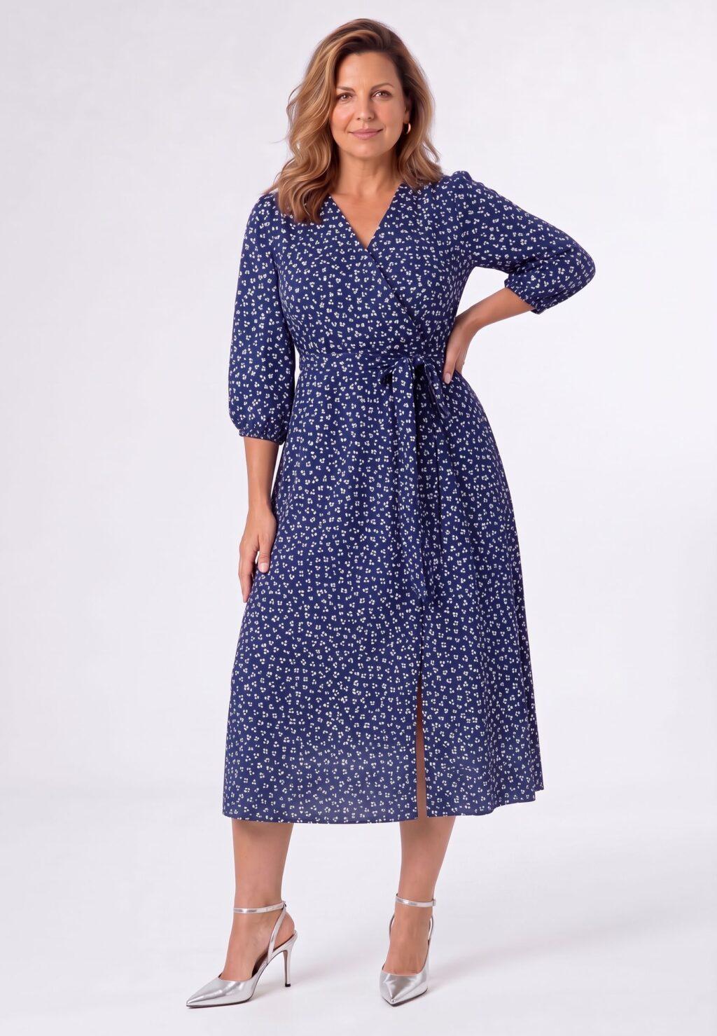 Sukienka w kwiaty plus size midi z gumą w pasie granatowa 44-52