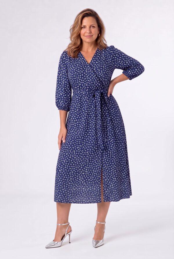 Sukienka w kwiaty plus size midi z gumą w pasie granatowa 44-52
