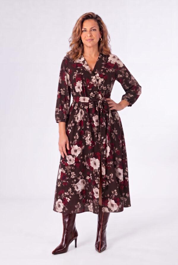 Sukienka w kwiaty plus size midi z gumą w pasie wielokolorowa 44-52